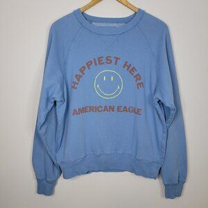 American Eagle Womens Seriously Lived In Sweatshirt Size S Blue Smiley Originals